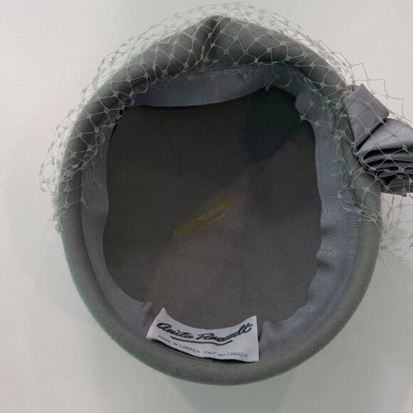 Vintage Anita Pineault Gray Felt Hat With Satin Bow Netting & Rhinestone Accents - Picture 9 of 13